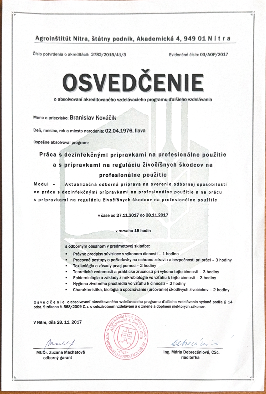 Osvedčenie Agroinštitút Nitra