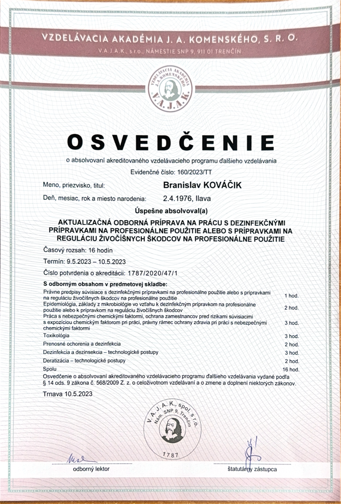 Osvedčenie Vzdelávacia akadémia J. A. Komenského
